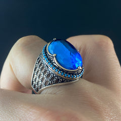 Classic Aquamarine Blue Stone 925 Sterling Silver Men Handmade Ring