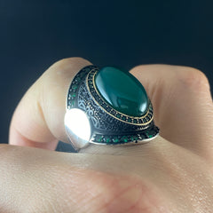 Green Agate Classic Men Handmade 925 Solid Silver Ring