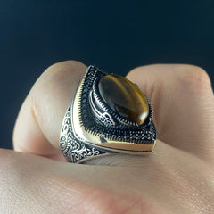 Tiger Eye Brown Stone 925 Sterling Silver Men Handmade Ring