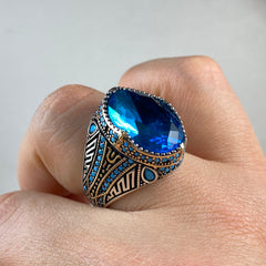 Oval Blue Aquamarine Stone 925 Silver Men Ring