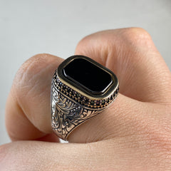 Hand Engraved Black Onyx Stone 925 Silver Men Ring