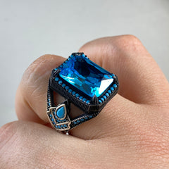 Classic Blue Stone 925 Sterling Silver Aquamarine Men Ring