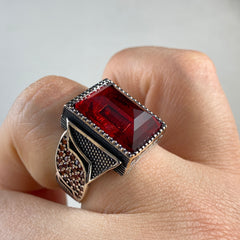 Red Color Stone Ruby 925 Sterling Silver Men Ring