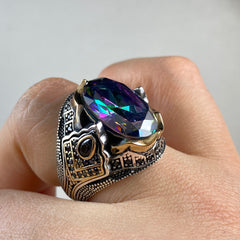 Oval Mystic Topaz Gemstone 925 Solid Silver Men Handmade Ring