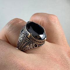 Oval Black Gemstone 925 Solid Silver Onyx Ring