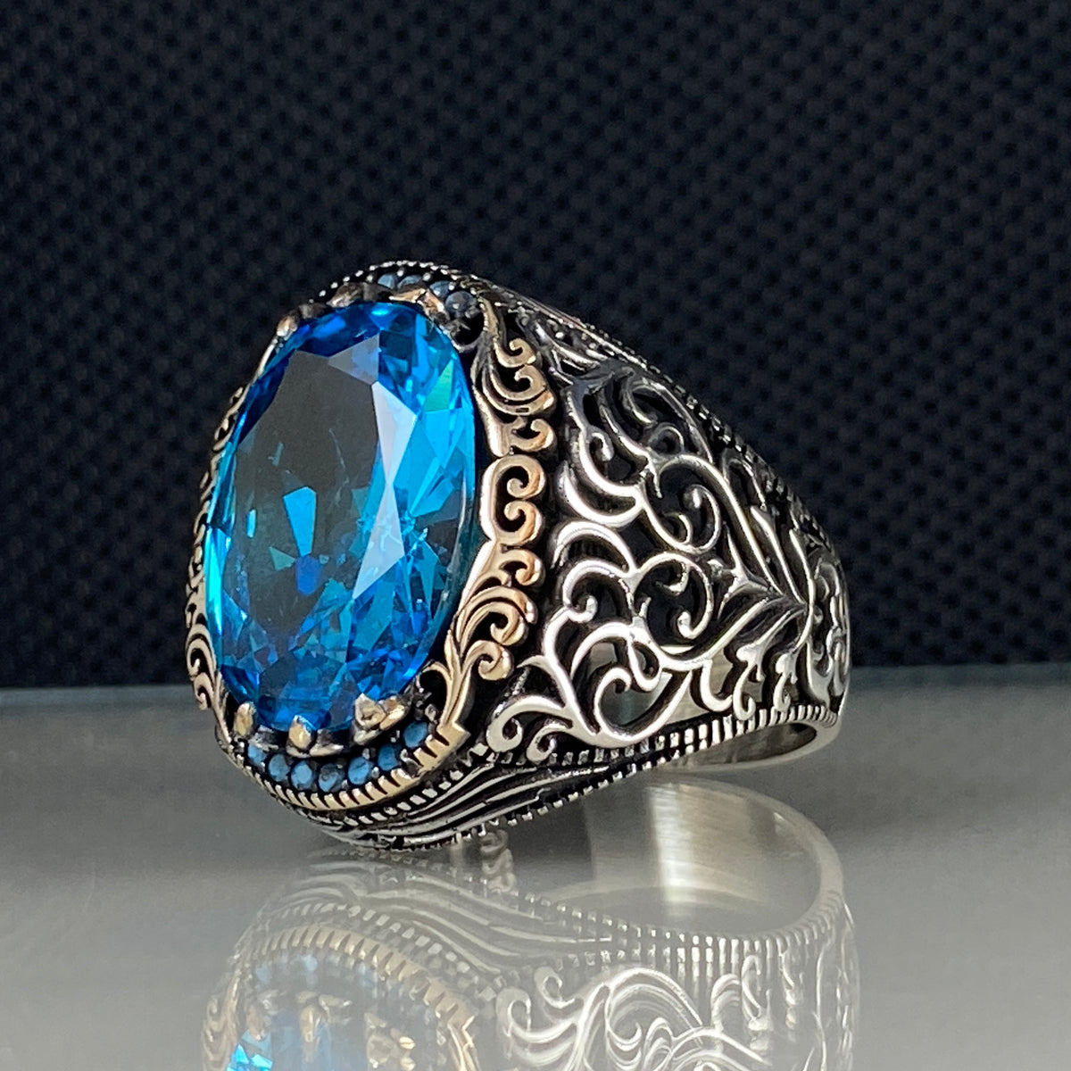 Blue Aquamarine Stone 925 Sterling Silver Men Handmade Ring