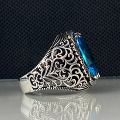 Blue Aquamarine Stone 925 Sterling Silver Men Handmade Ring