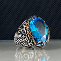 Blue Aquamarine Stone 925 Sterling Silver Men Handmade Ring