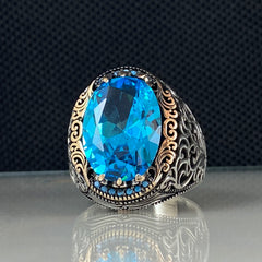 Blue Aquamarine Stone 925 Sterling Silver Men Handmade Ring