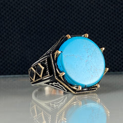 Round Blue Turquoise Gemstone 925 Sterling Silver Men Handmade Ring