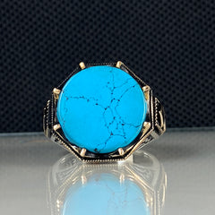 Round Blue Turquoise Gemstone 925 Sterling Silver Men Handmade Ring