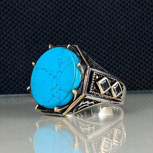 Round Blue Turquoise Gemstone 925 Sterling Silver Men Handmade Ring