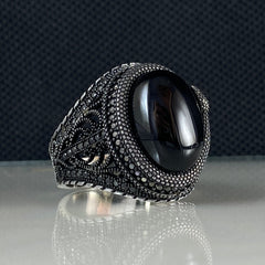 Lion Black Onyx Stone 925 Silver Men Handmade Ring