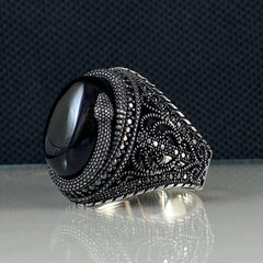 Lion Black Onyx Stone 925 Silver Men Handmade Ring