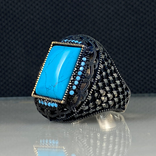 Blue Color Turquoise Gemstone 925 Sterling Silver Men Handmade Ring