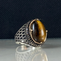 Brown Stone 925 Sterling Silver Men Handmade Tiger Eye Ring