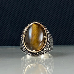 Brown Stone 925 Sterling Silver Men Handmade Tiger Eye Ring