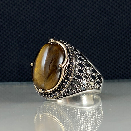 Brown Stone 925 Sterling Silver Men Handmade Tiger Eye Ring