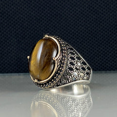 Brown Stone 925 Sterling Silver Men Handmade Tiger Eye Ring