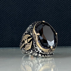 Ac Viking Black Onyx 925 Silver Ring For Mens