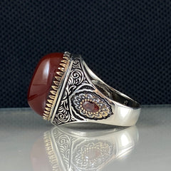 Classic Red Agate Stone 925 Sterling Silver Men Handmade Turkish Ring