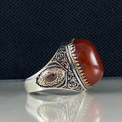 Classic Red Agate Stone 925 Sterling Silver Men Handmade Turkish Ring