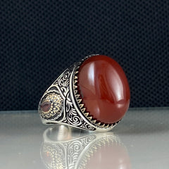 Classic Red Agate Stone 925 Sterling Silver Men Handmade Turkish Ring