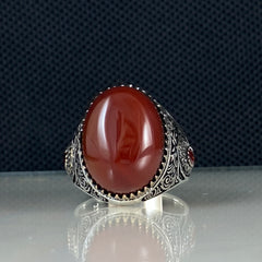 Classic Red Agate Stone 925 Sterling Silver Men Handmade Turkish Ring