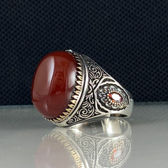 Classic Red Agate Stone 925 Sterling Silver Men Handmade Turkish Ring