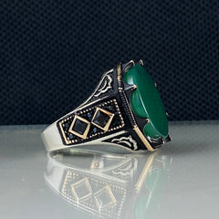 Round Green Agate Gemstone 925 Solid Silver Men Handmade Ring