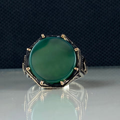 Round Green Agate Gemstone 925 Solid Silver Men Handmade Ring