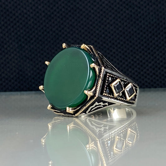 Round Green Agate Gemstone 925 Solid Silver Men Handmade Ring