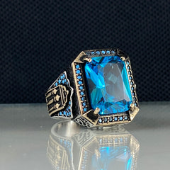 Blue Color Aquamarine Gemstone 925 Sterling Silver Men Ring