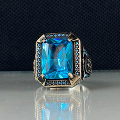 Blue Color Aquamarine Gemstone 925 Sterling Silver Men Ring