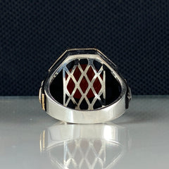 Round Red Agate Stone 925 Sterling Silver Men Handmade Ring