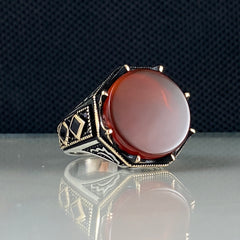 Round Red Agate Stone 925 Sterling Silver Men Handmade Ring