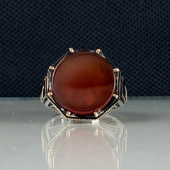 Round Red Agate Stone 925 Sterling Silver Men Handmade Ring