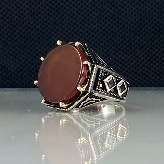 Round Red Agate Stone 925 Sterling Silver Men Handmade Ring