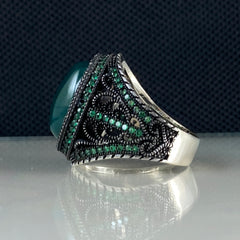 Classic Green Agate Gemstone 925 Sterling Silver Turkish Ring