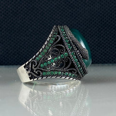 Classic Green Agate Gemstone 925 Sterling Silver Turkish Ring