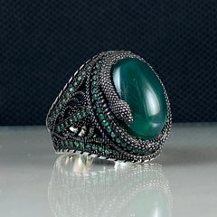 Classic Green Agate Gemstone 925 Sterling Silver Turkish Ring