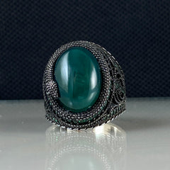 Classic Green Agate Gemstone 925 Sterling Silver Turkish Ring