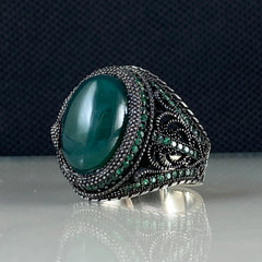 Classic Green Agate Gemstone 925 Sterling Silver Turkish Ring