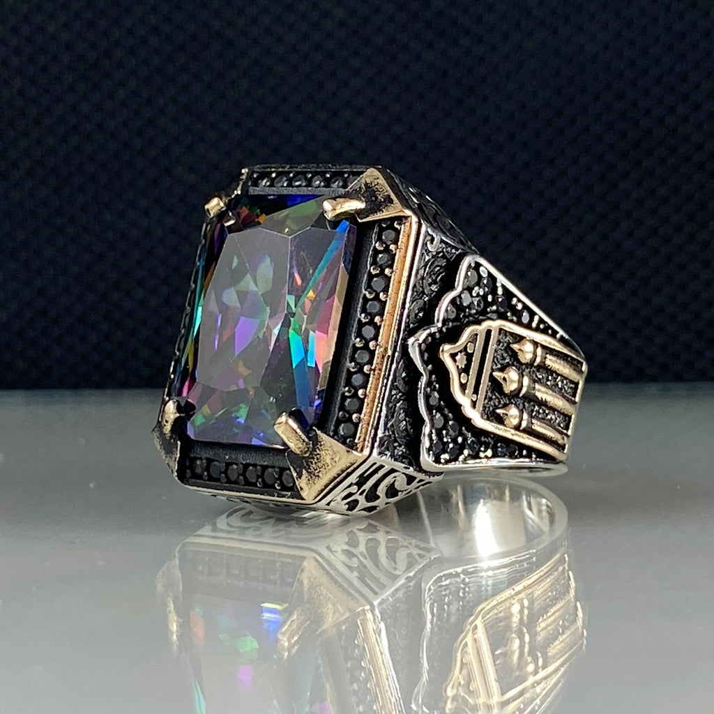 Mystic Topaz Stone Silver Men Ring, Sterling Silver Ring, Colorized Stone Ring, Silver popular Square Ring, Handmade Man Ring, Father Gift