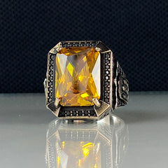 Handmade Men Turkish Yellow Color Citrine Stone Ring