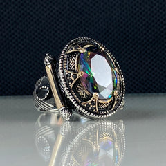 Mystic Topaz Men Handmade Turkish 925 Sterling Silver Ring