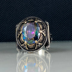 Mystic Topaz Men Handmade Turkish 925 Sterling Silver Ring