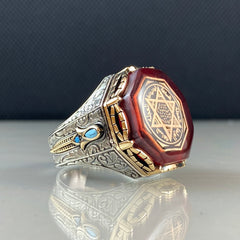 Red Agate Seal Of Solomon 925 Solid Silver Men Vintage Handmade Ring