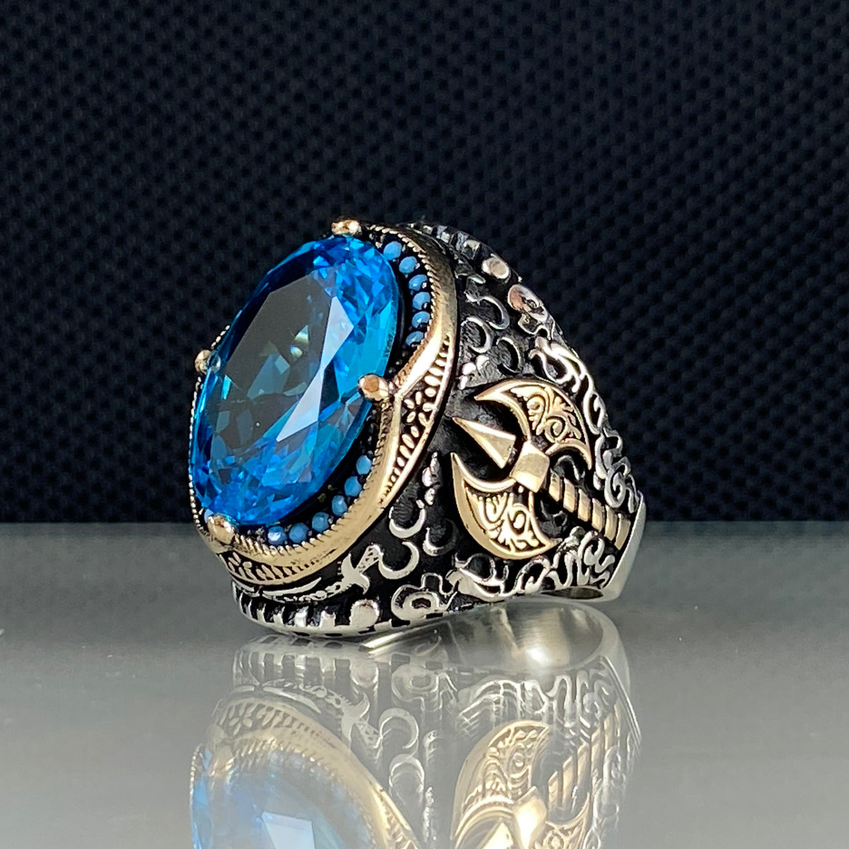 Blue Ax Aquamarine Gemstone 925 Sterling Silver Vikings Ring