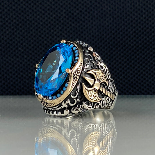 Blue Ax Aquamarine Gemstone 925 Sterling Silver Vikings Ring